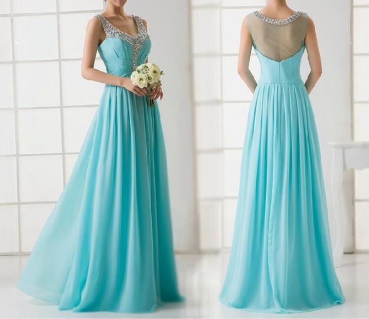 Ice Blue Pretty V-neckline Through Back Beaded Formal Gowns, A-line Party Dresses, Prom Dresses 2018