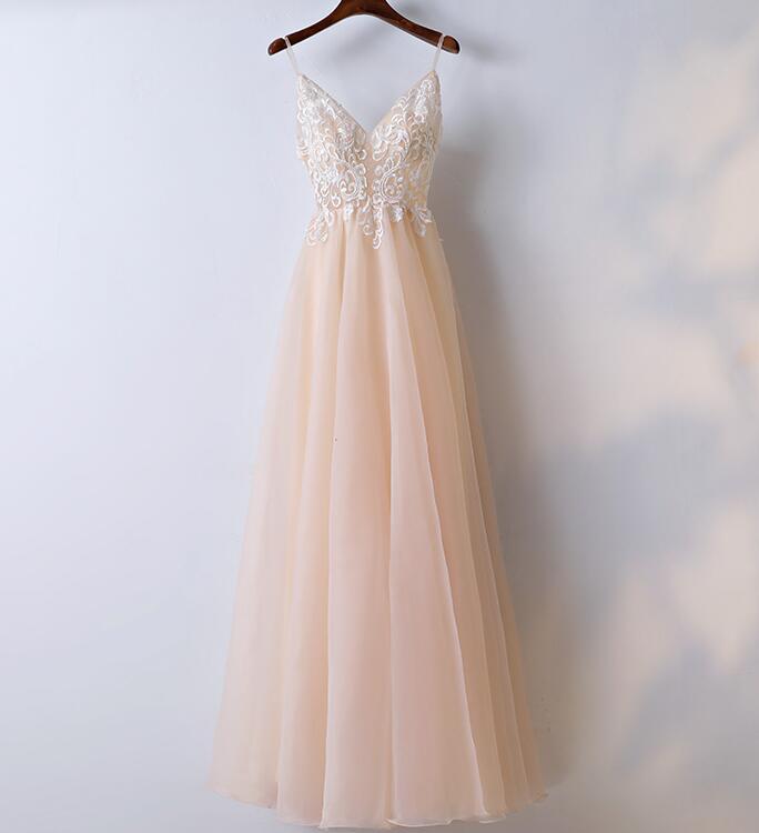 A-line Fashion Spaghetti Straps Long Prom Dress Lace Applique, V-neckline Elegant Prom Dresses, Long Formal Gowns