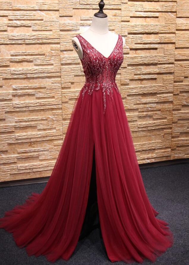Wine Red Beaded Slit Long Tulle Prom Evening Dresses, V-neckline Formal Gowns, Sparkle Party Dresses