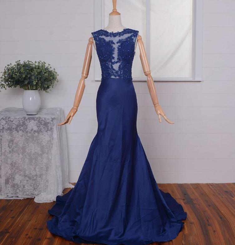Elegant Mermaid Navy Blue With Illusion Jewel Neckline, Taffeta Lace Appliques Formal Dresses, Wedding Party Dresses