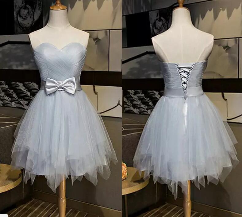 Grey Strapless Sweetheart Ruched Bow Accent Short Homecoming Dress, Party Dress Featuring Lace-up Back