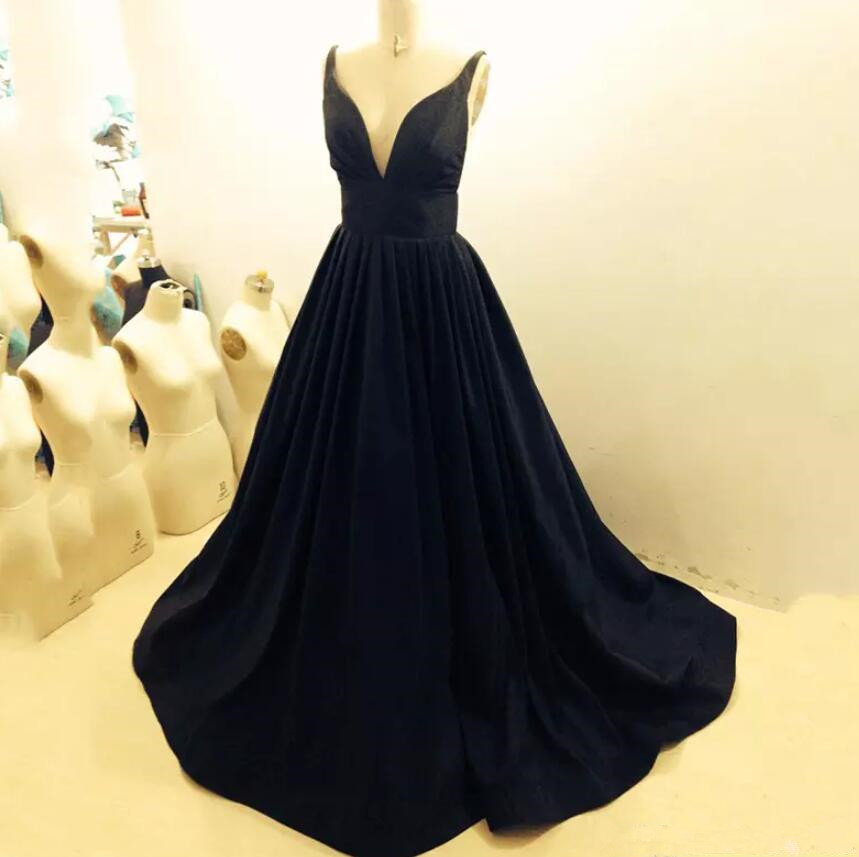 Black Strap Black Satin Prom Party Dresses 2018, Sweep Train Plus Size Sexy V-neck Evening Dresses, Black Formal Gowns