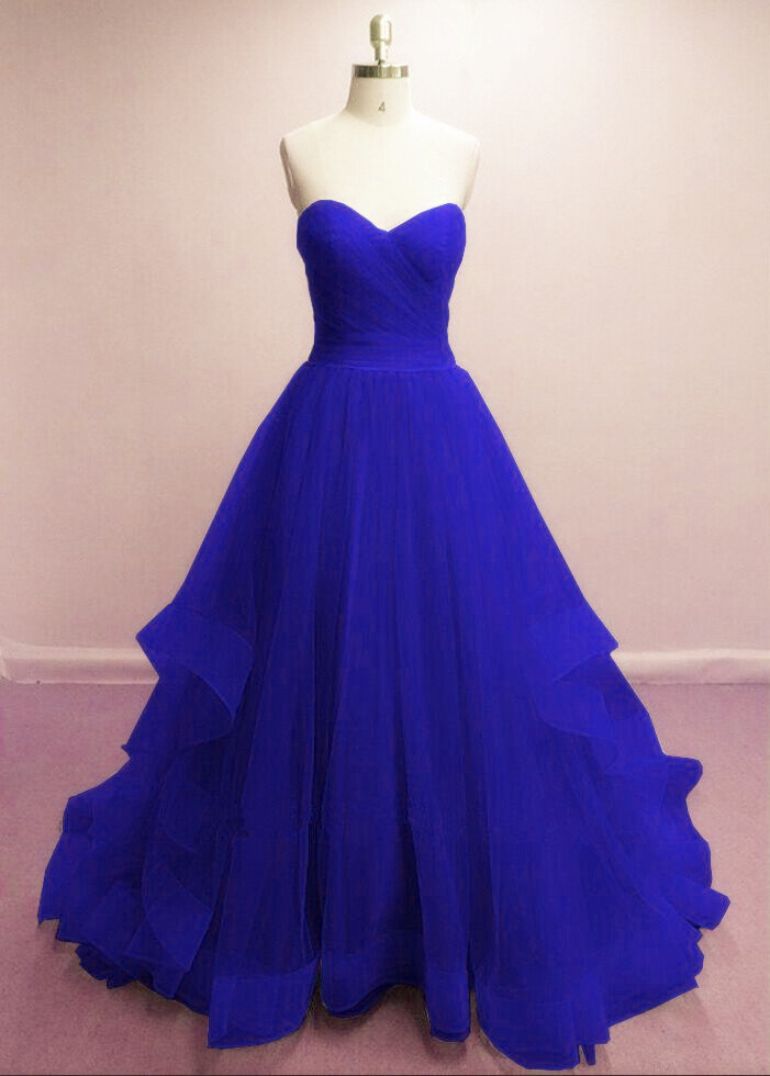 Gorgeous Royal Blue Sweetheart Tull Gowns, Blue Prom Dresses 2018, Sweetheart Beautiful Formal Evening Dresses
