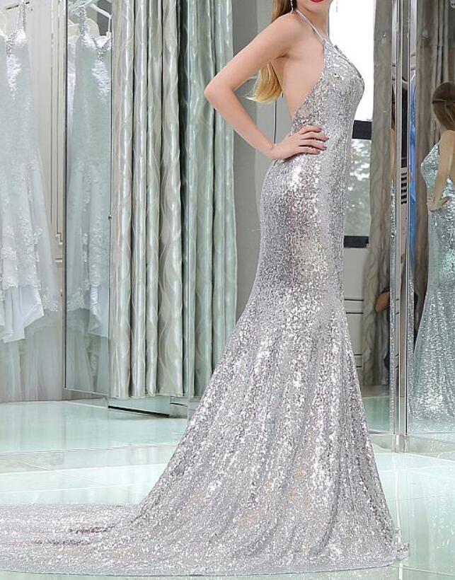 Sliver Sequins Halter Mermaid Sweep Train Prom Dresses, Beautiful Shinny Party Gowns, Formal Dresses