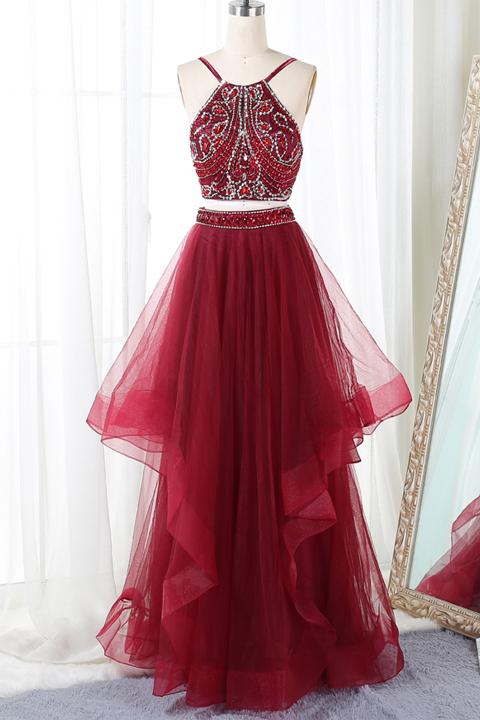 Stylish Straps Wine Red Backless Beaded Two Piece Formal Dresses, Two Piece Prom Dresses,halter Party Dresses 2018