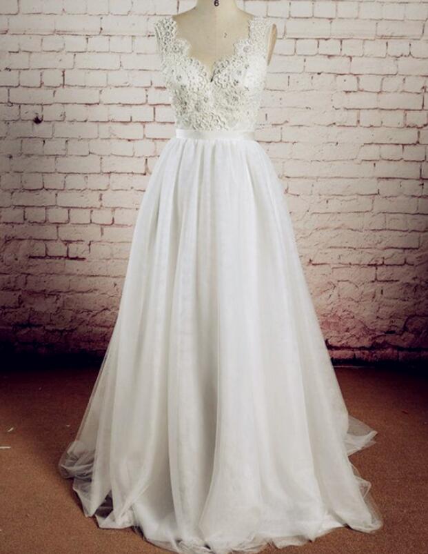 A-line V-neckline Tulle And Lace Simple Wedding Dresses, Lovely Formal Gowns, Charming Love Prom Dresses