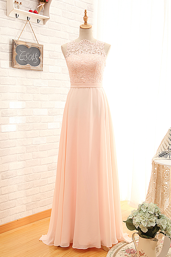 Blush Lace And Chiffon Long Simple Bridesmaid Dresses, A-line Style Prom Dresses, Elegant Evening Gowns