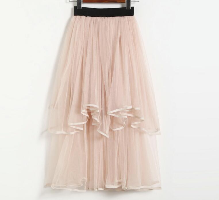 Lovely Layered Tulle High Low Skirts, Women Casual Elastic High Waist Pleated Midi Skirts, High Low Skirts
