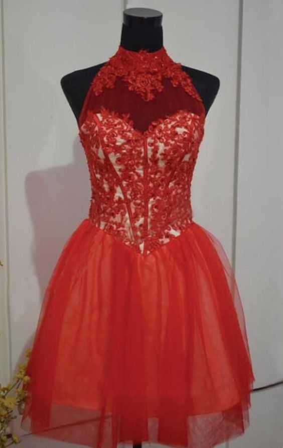 Red A Lines High Collar Hollow Short Tulle Lace Homecoming Dresses, Red Short Party Dresses, Red Formal Dresses
