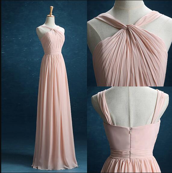 Pink Halter Twisted Ruched A-line Chiffon Floor-length Prom Dress, Evening Dress