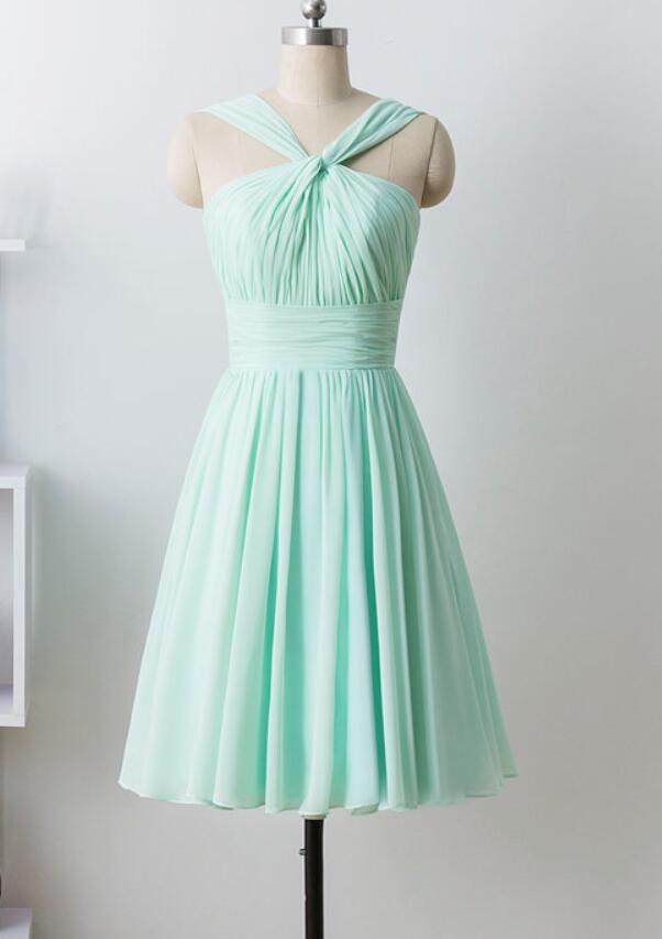 Mint Green Halter Bridesmaid Dresses, Chiffon Short Prom Dresses, Evening Party Dresses