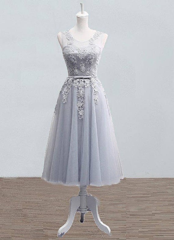 Grey-sliver Tea Length Bridesmaid Lace Dress, Bridesmaid Sleeveless Dress, Short Prom Dresses