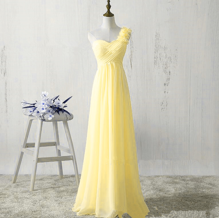 One Shoulder Yellow Chiffon Bridesmaid Dresses, A-line Party Long Evening Dresses, Light Yellow Bridesmaid Dresses