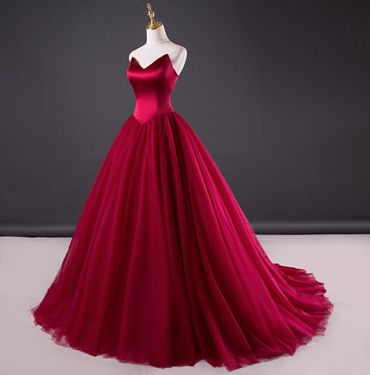 Wine Red Ball Gown Tulle Evening Prom Dresses, Party Gowns, Gorgeous Satin Bodice Formal Dresses