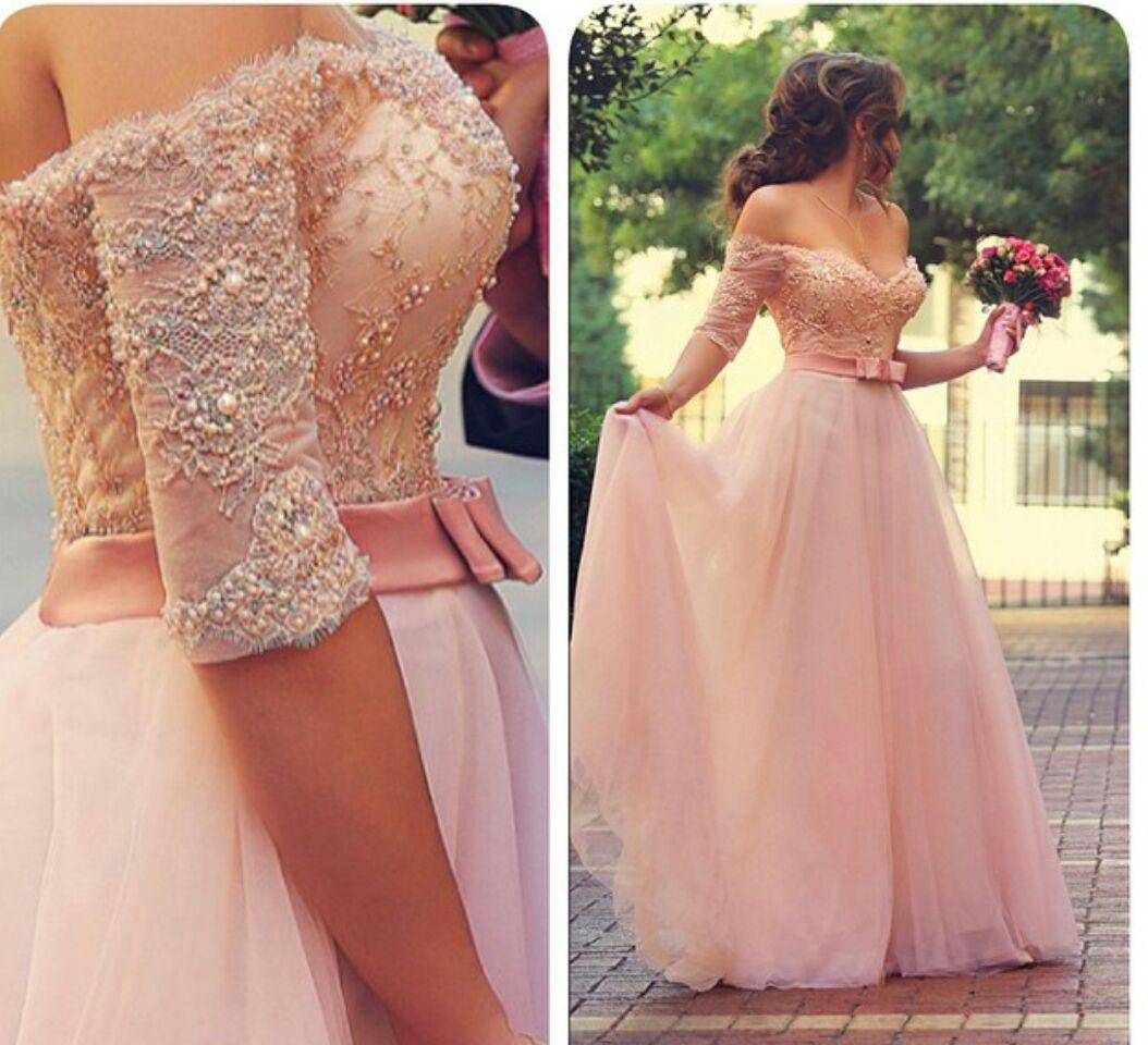 Tulle Pink Elegant Off Shoulder 1/2 Sleeves Party Gowns, Pink Party Gowns, Formal Dresses