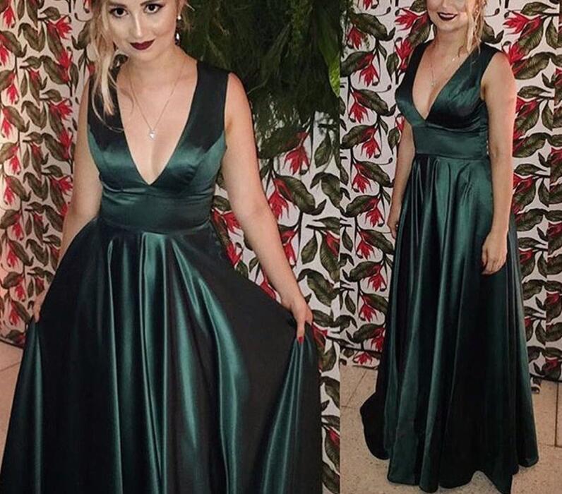 Charming Dark Green Satin Party Dresses, Evening Gowns, Formal Dresses 2018