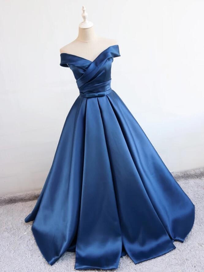Blue Satin Off-the-shoulder Plunge V Floor Length Ball Gown Featuring Bow Accent Belt, Formal Dress, Prom Dress