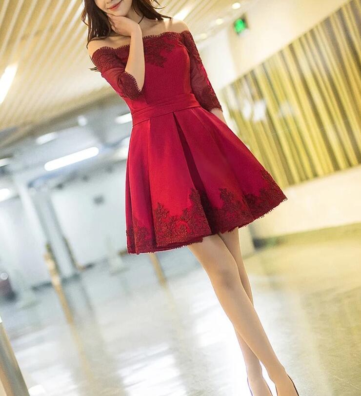Short Wine Red Party Dresses, Prom Dresses With Sleeves, Burgundy Applique Homecoming Dresses
