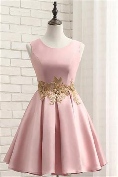 Pink Short Satin Homecoming Dress With Gold Applique, Short Prom Dresses, Lovely Formal Dresses 2018