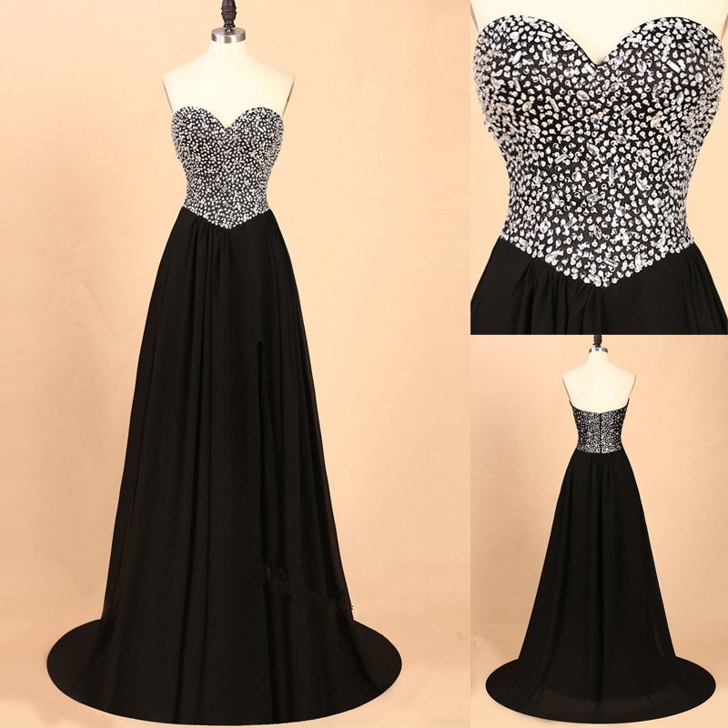 Black Sparkle Beaded Chiffon Long Formal Dresses, Black Prom Gowns, Handmade Style Party Dresses
