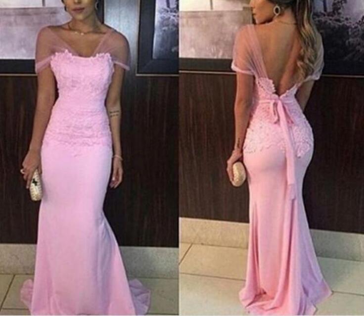 Pink Mermaid Prom Dresses,long Backless Prom Dress,cap Sleeves Prom Dresses,formal Dress For Women