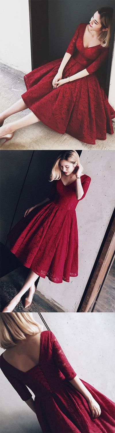 Burgundy Lace Prom Dresses, Short Sleeves Party Dresses, Wine Red Lace-up Homecoming Dresses