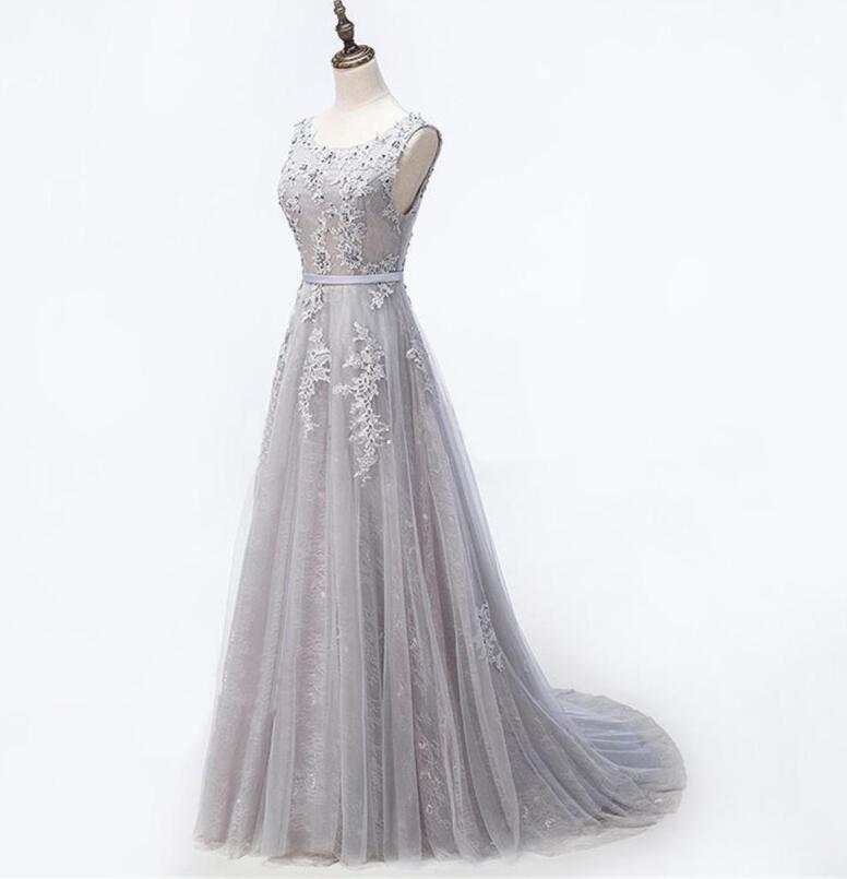 Beautiful Style Grey Lace Beaded Round Neckline Evening Prom Dresses,handmade High Quality Party Dresses, Grey Formal Gowns