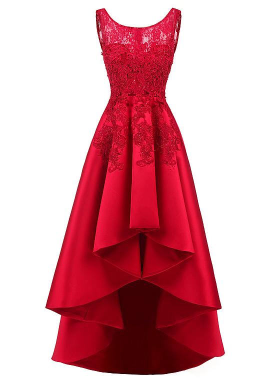 Red High Low Satin And Lace Round Neckline Party Dresses, A-line Prom Dresses, Formal Dresses
