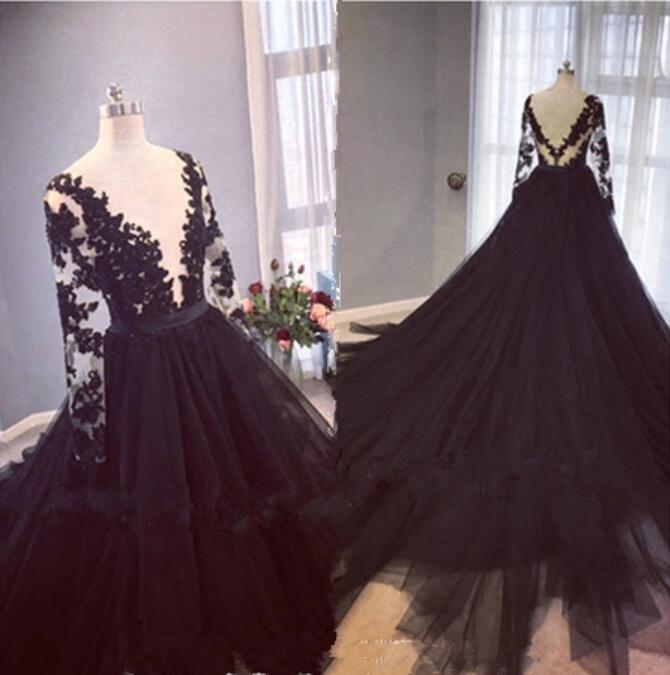 Gorgeous Black Tulle V-neckline Lace Applique Party Dresses, Black Formal Gowns, Wedding Gowns