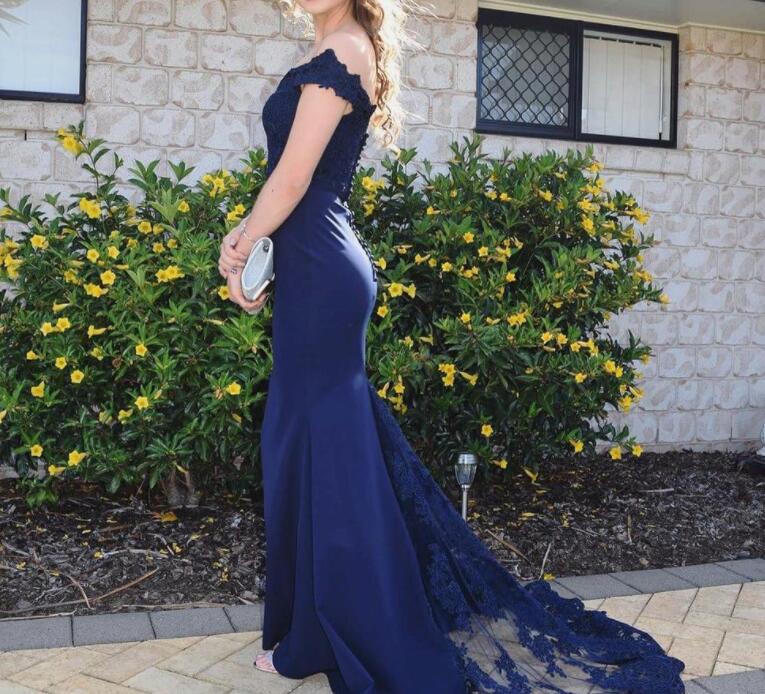 Elegant Navy Blue Prom Dress Mermaid Long With Lace Train,off The Shoulder Party Dresses,prom Dresses 2018