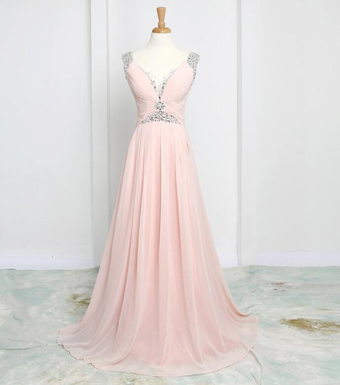 Pink Chiffon Prom Dresses, Prom Dresses 2018, Beaded V-neckline Floor Length Party Gowns