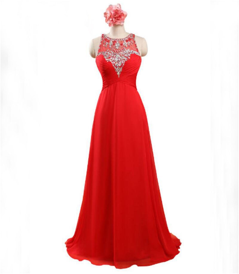 Red Round Neckline Beaded Chiffon Prom Dresses, Red Prom Dresses, Red Party Dresses, Evening Gowns
