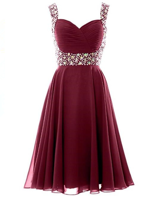 Wine Red Simple Cute Straps Homecoming Dresses, Wine Red Short Prom Dresses, Beaded Party Dresses