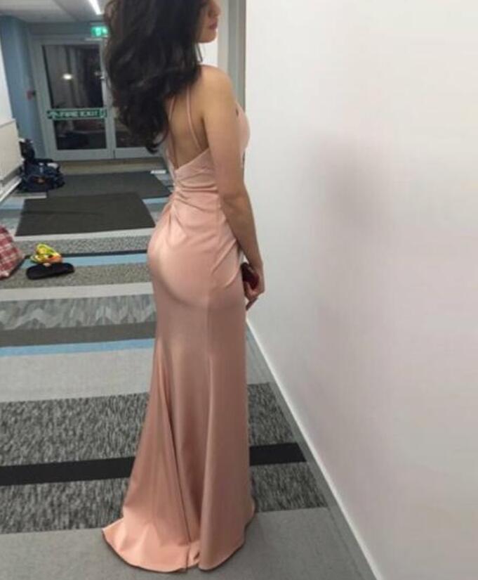 Unique Blush V Neck Spaghetti Strap Backless Prom Dress, Pink Party Dresses, Formal Gowns