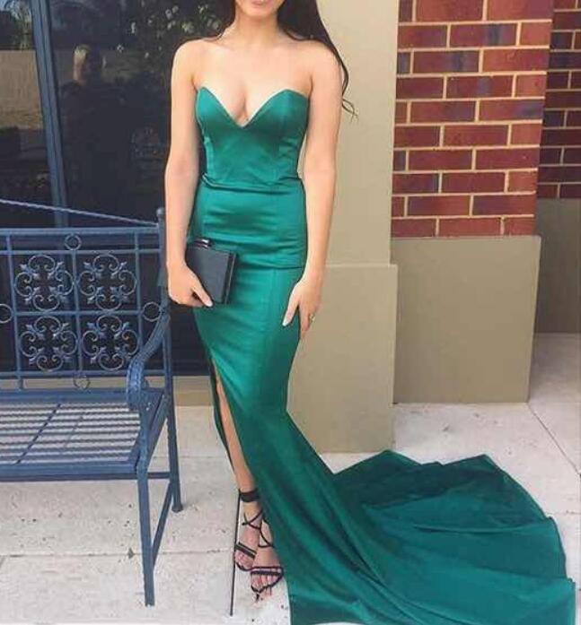 Hunter Green Slit Mermaid Evening Formal Gowns, Sexy Prom Dresses, Wedding Party Dresses