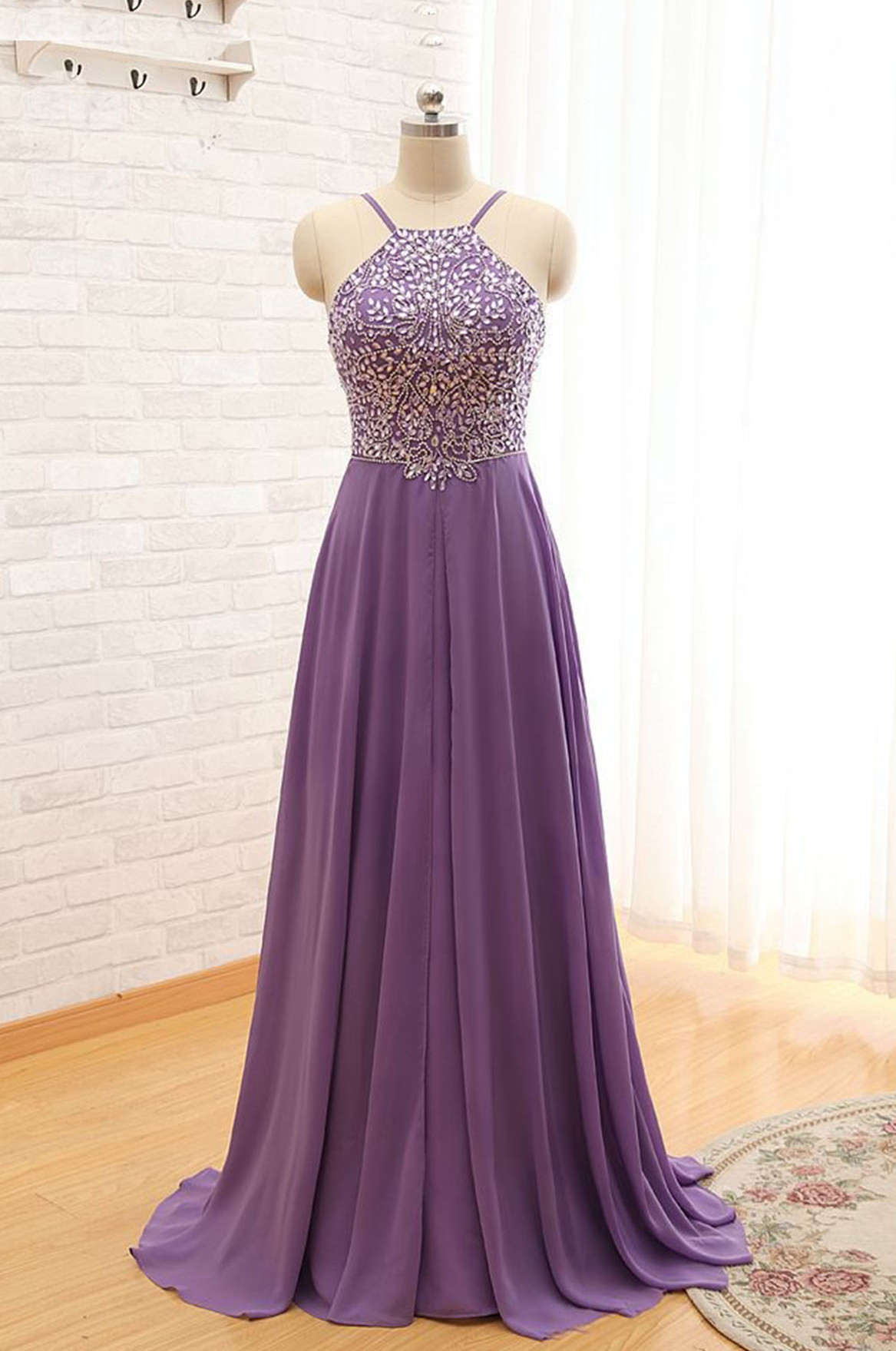 Purple Straps Beaded Floor Length Formal Dresses, Purple Party Dresses, Formal Gowns