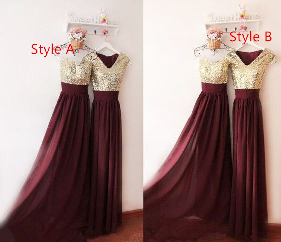 Maroon Chiffon And Gold Sequins Mismatch Bridesmaid Dresses, Long Maroon Bridesmaid Dresses, Prom Dresses