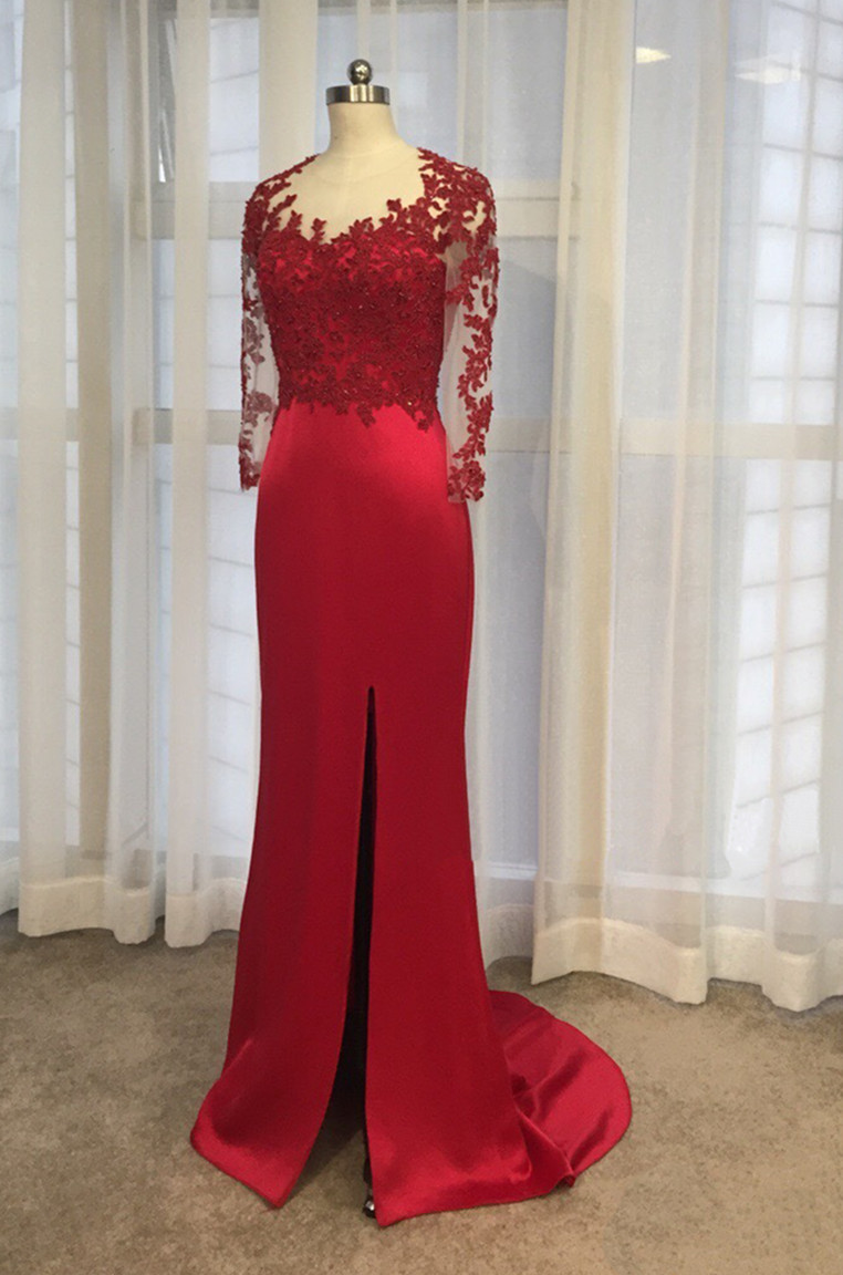 Beautiful Red Satin And Lace Applique Long Sleeves Formal Gowns, Red Party Dresses, Long Sleeves Formal Dresses