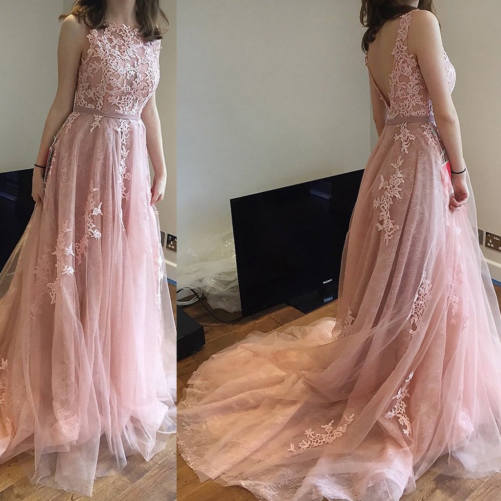 Pink Charming Lace And Tulle V Back Prom Gowns With Train, Pink Party Dresses, Evening Gowns