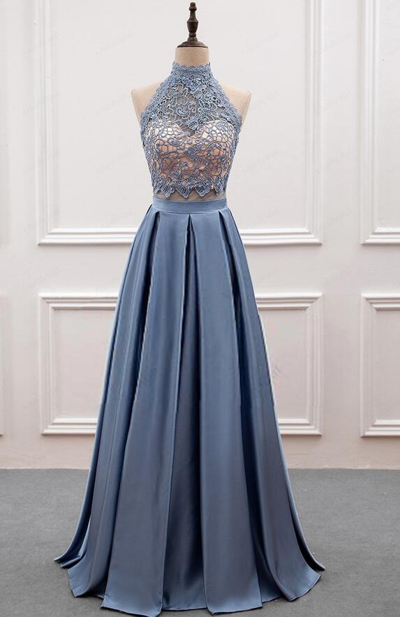 Two Piece Grey-blue Long Prom Dresses, Two Piece Party Dresses, Evening Gowns, Women Formal Dresses