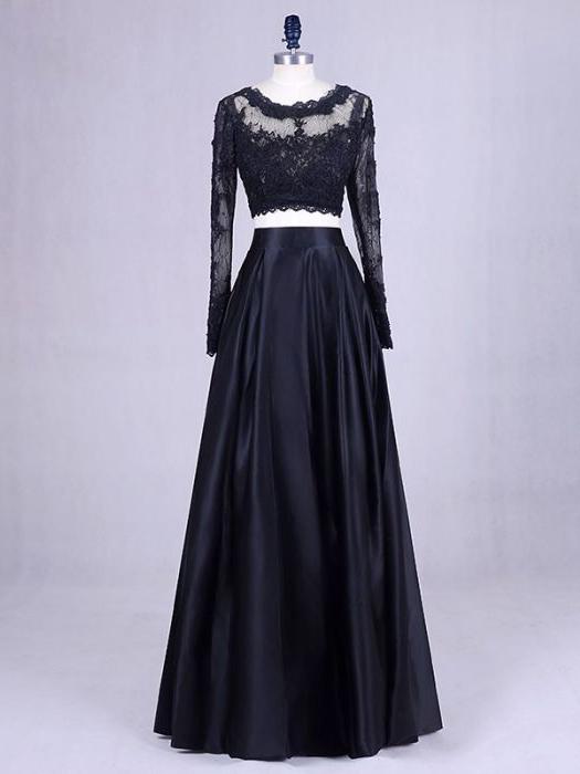 Black Two Piece Long Sleeves Prom Dresses, Two Piece Party Dresses, Formal Dresses, Black Prom Dresses