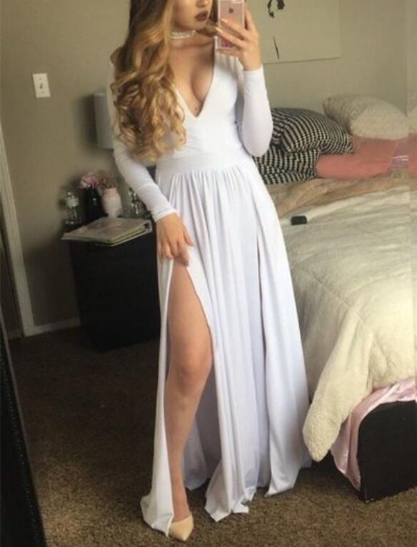 Long Sleeves V-neckline White Prom Dresses, Sexy Long Formal Dresses, Evening Dresses For