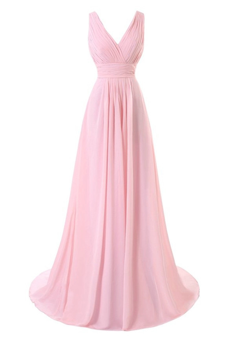 Simple Pink Long Chiffon Bridesmaid Dresses, V-neckline Pleat Women Dresses, Prom Dresses