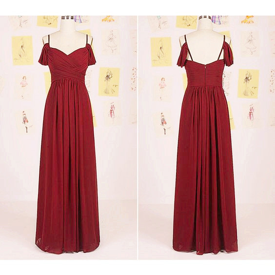 Wine Red Straps And Off Shoulder Long Prom Dresses, Wine Red Bridesmaid Dresses, Formal Dresses
