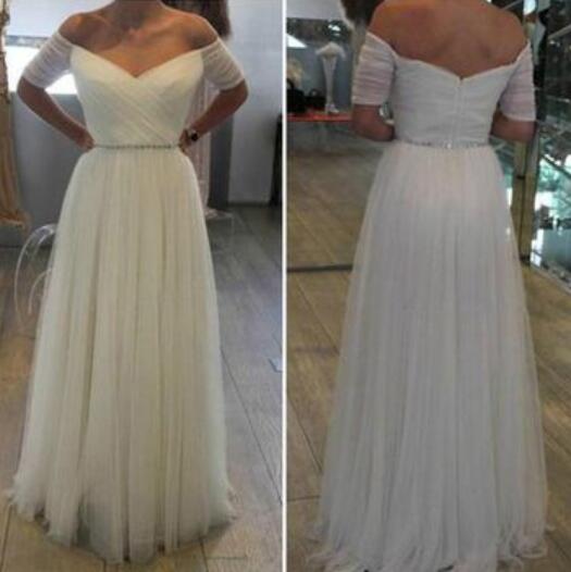 White Off Shoulder Short Sleeves Beaded Simple Prom Dresses, White Tulle Wedding Dresses, Party Dresses