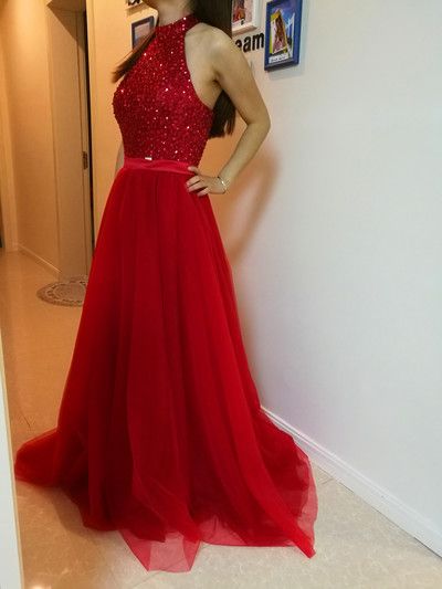 Red Sequins And Beading Bodice Tulle Prom Dresses, Halter Backless Prom Dresses 2018, Formal Gowns