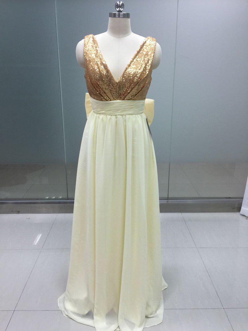 Simple V-neckline Gold Sequins Prom Dresses With Ivory Bridesmaid Dresses, Chiffon Bridesmaid Dresses With Bow, Prom Dresses