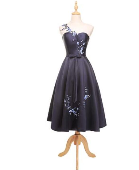Navy Blue Vintage Style Tea Length Prom Dress With Floral Applique, Party Dresses, Evening Party Dresses