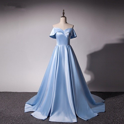 Ice Blue Satin Princess Gowns, Light Blue Prom Dresses 2018, Gorgeous Off Shoulder Party Dresses