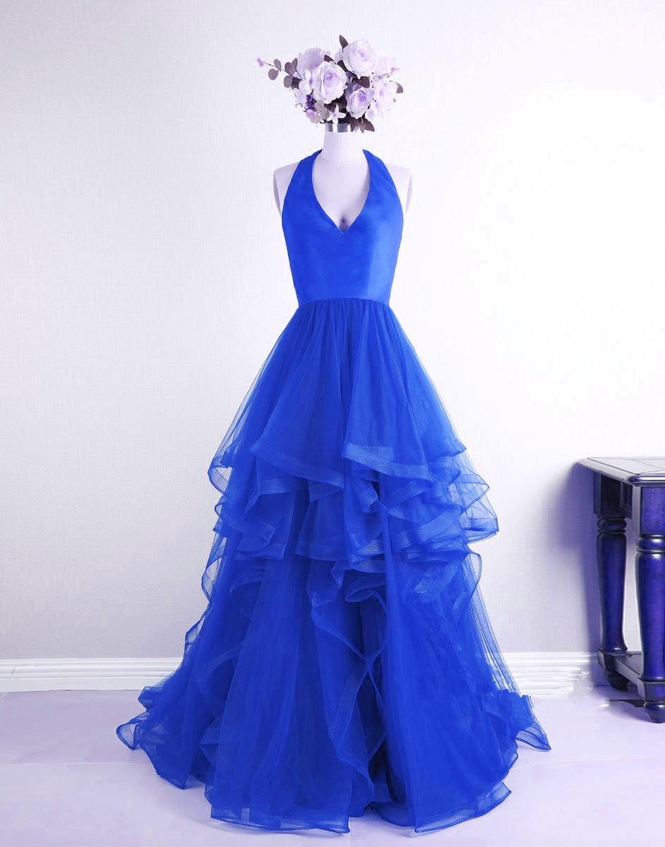 Beautiful Royal Blue V-neckline Halter Tulle High Low Party Dresses, Royal Blue Prom Dresses 2018, Formal Gowns